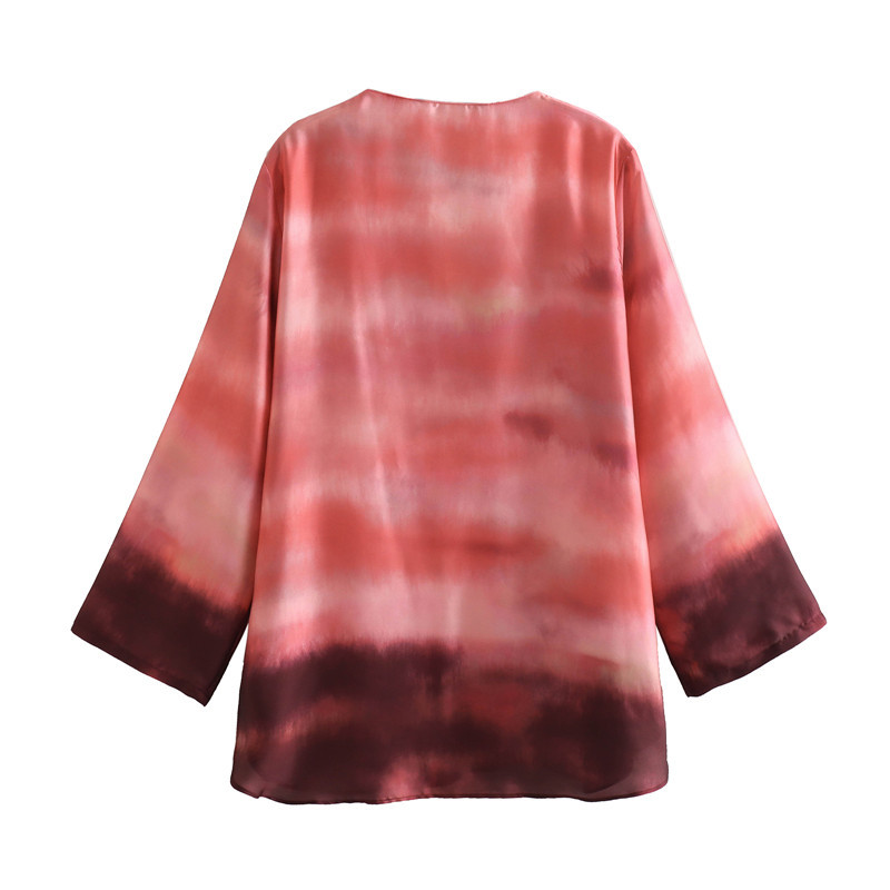 V-neck Long Sleeve Tie-dye Loose Shirt Satin Print Straight-leg Trousers Suit