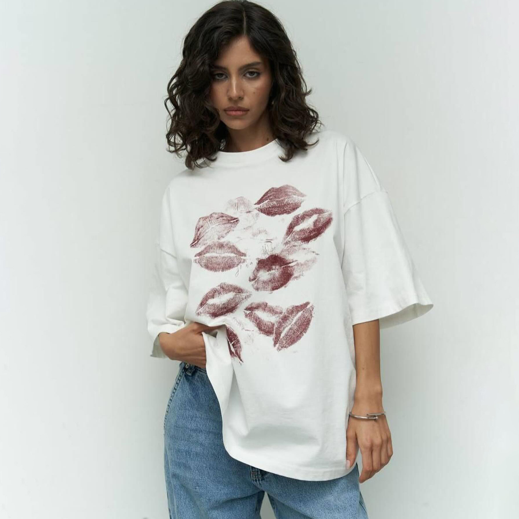 Loose Top Women's Outer Wear Niche Lip Printings