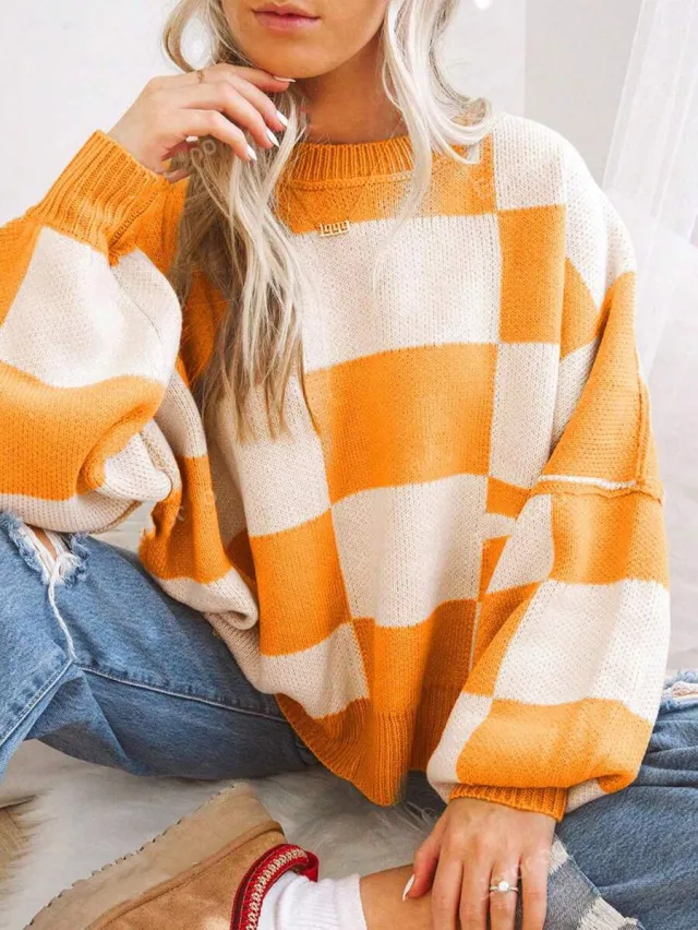 Contrast Color Checkerboard Loose And Lazy Style Stitching Sweater Orange - Shop at LoveMi