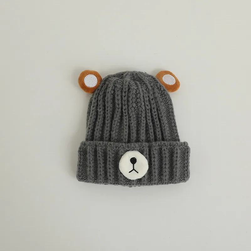 Knitted Hat Bear Candy Color Woolen Cap - Gray