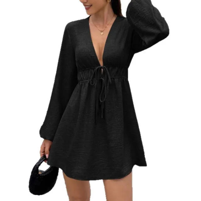V neck Lantern Sleeve Tie waist Short Dress Black - Shop at LoveMi