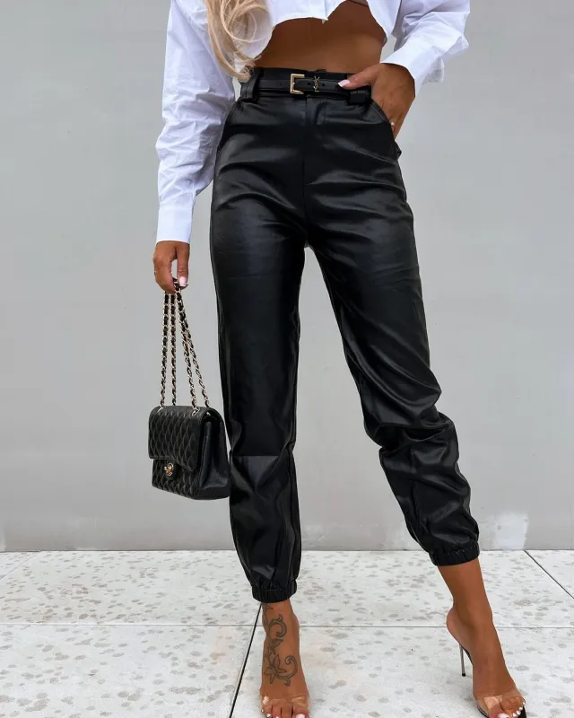 Women's Casual PU Length Leather Pants Black - Shop at LoveMi