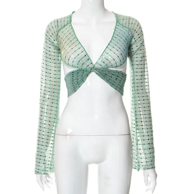 Pure Color Sequins Pullover Long Sleeve Tied Backless Gauzy Green - Shop at LoveMi