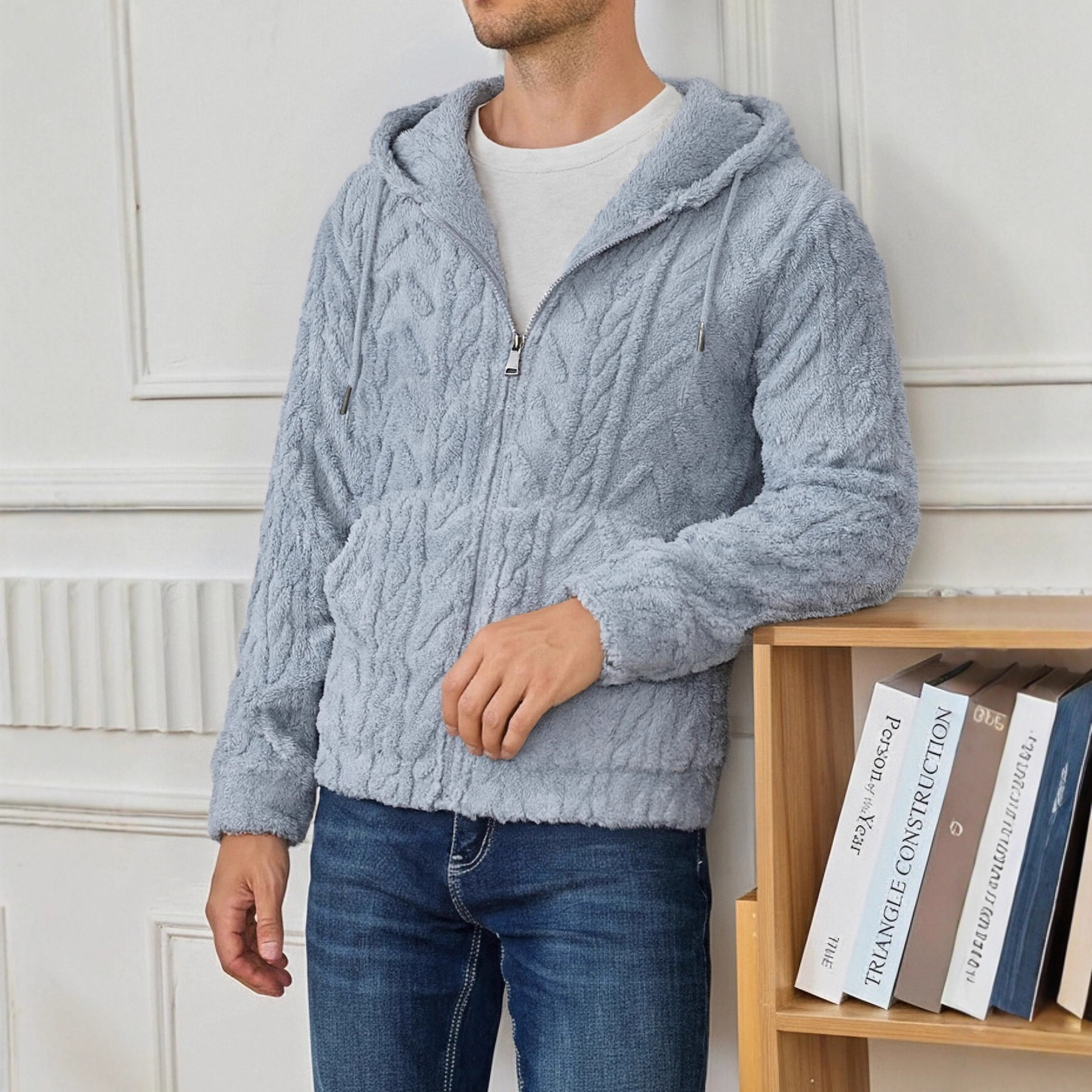 Textured Casual Hooded Top Cardigan Sweatshirt Jacket