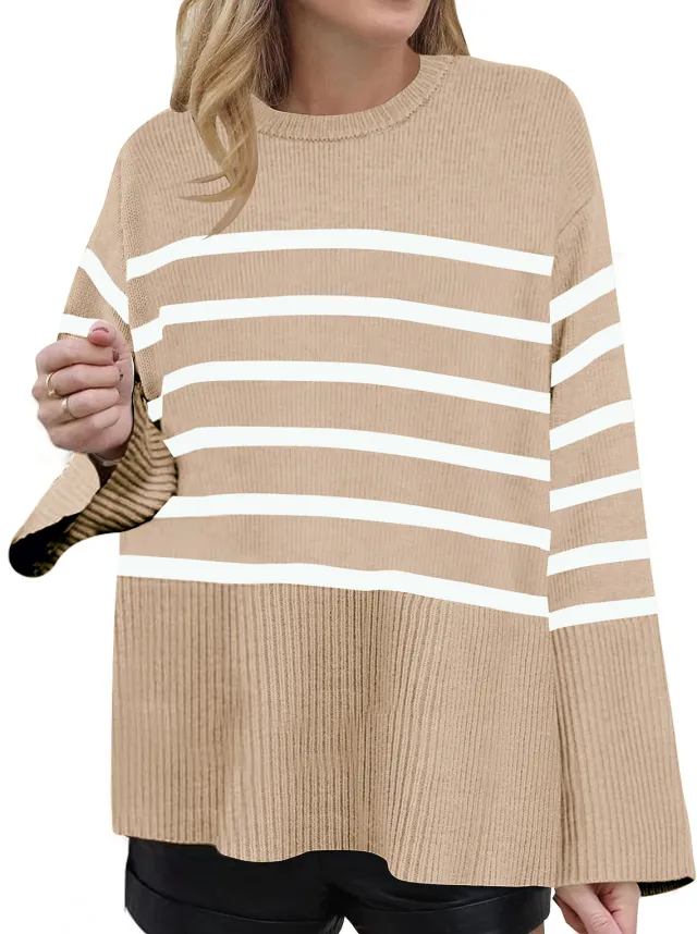 European And American Loose Striped Sweater Women Camel - Shop at LoveMi