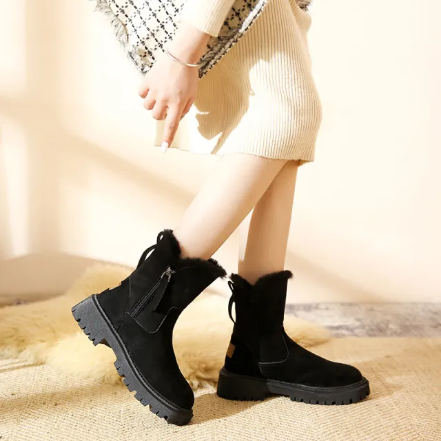 Women's Cotton padded Shoes Winter New Fur Snow Boots Fleece lined Casual Martin Boots Black - Shop at LoveMi