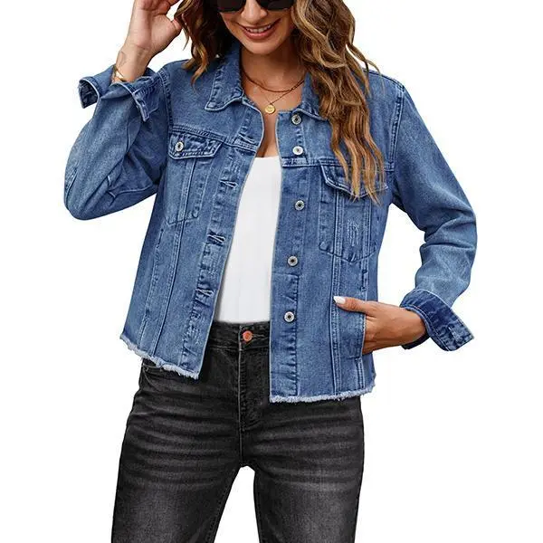 Female Solid Color Casual Embossed Denim Jacket Button Top Blue - Shop at LoveMi