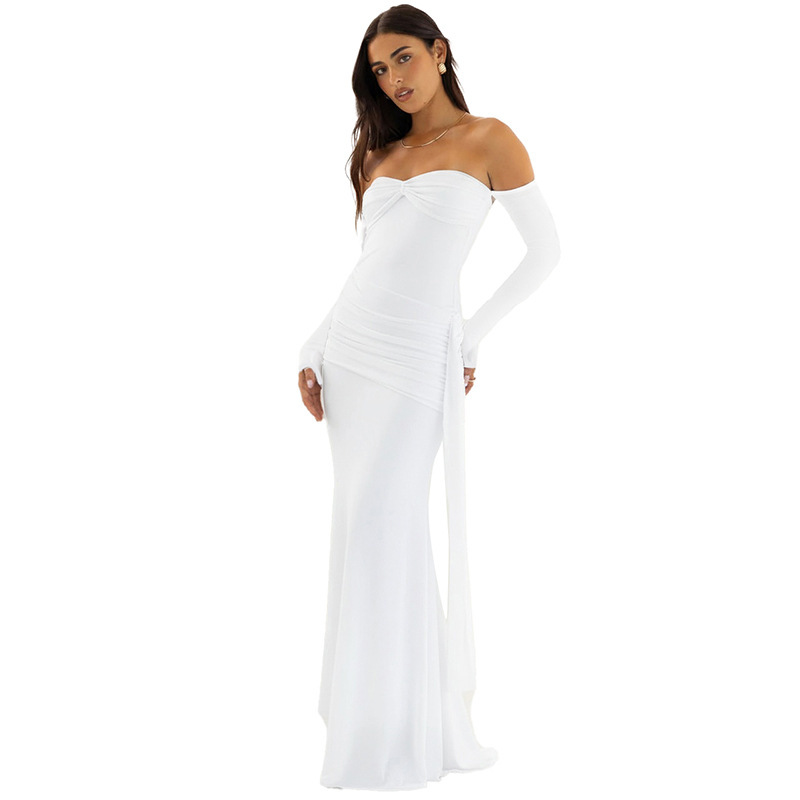 Solid Color Off shoulder Long Sleeve Pleated Maxi Dress Women White - Shop at LoveMi