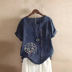 Women's Retro Plus Size Casual Loose Cotton-linen Shirt - Dark Blue - View 1