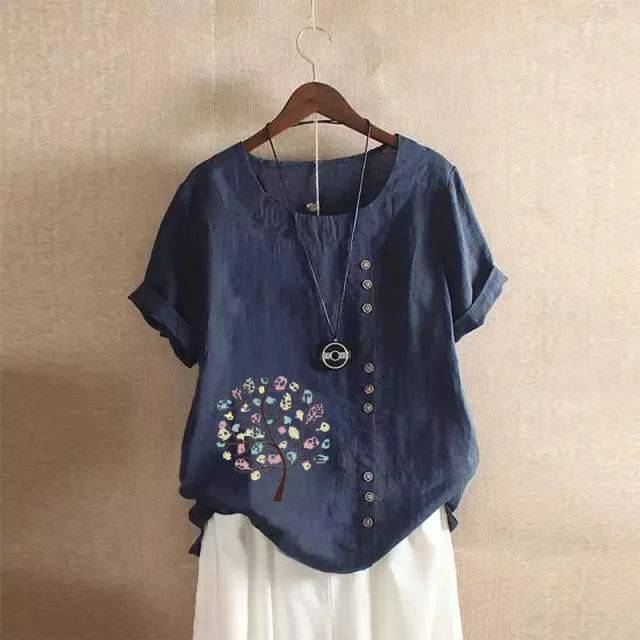 Women's Retro Plus Size Casual Loose Cotton linen Shirt Dark Blue - Shop at LoveMi