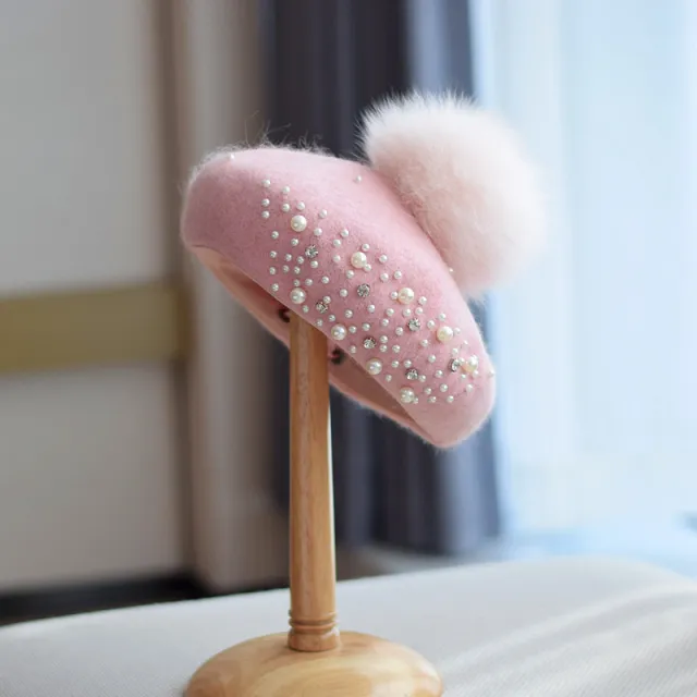 Fox Fur Ball Beret Female Woolen Pearl Pink - Shop at LoveMi