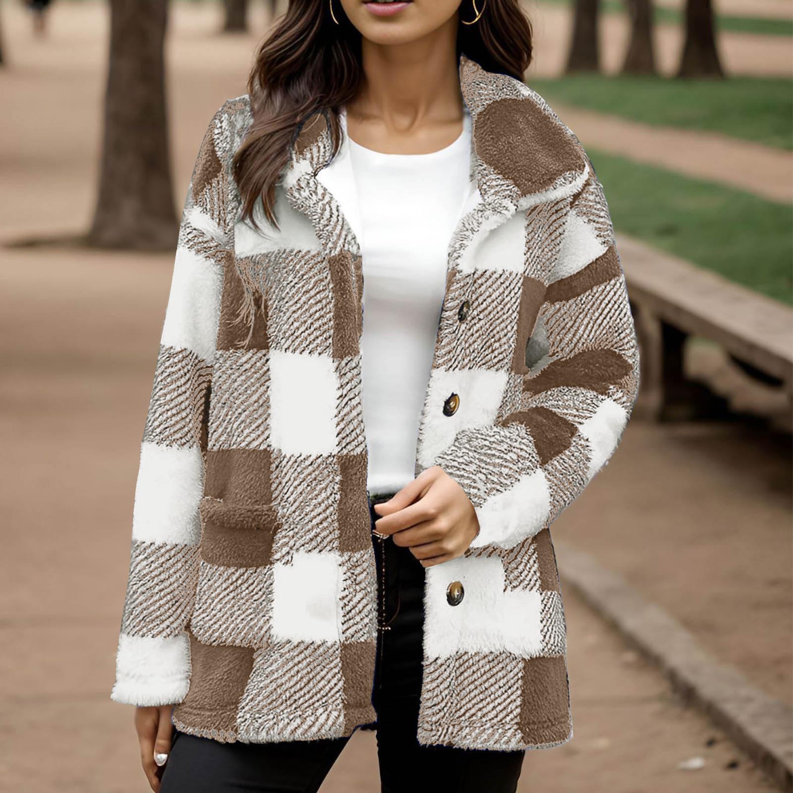 Women's Plaid Plush Coat With Pockets And Buttons