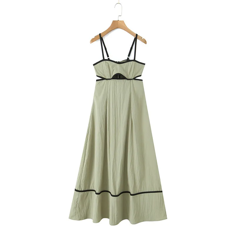 V-neck Strap Stitching Casual Dress - Matcha