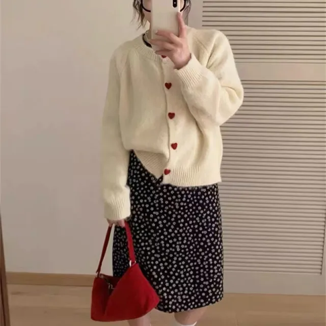 Round Neck All matching Design Love Girl Buckle Knitted Cardigan Sweater Coat For Women Beige - Shop at LoveMi