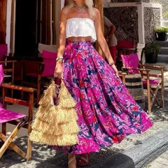 Fashionable Printed Bohemian Waist Midi Skirt - Rose Red - View 1
