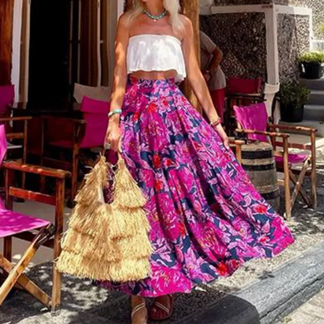 Fashionable Printed Bohemian Waist Midi Skirt Rose Red - Shop at LoveMi