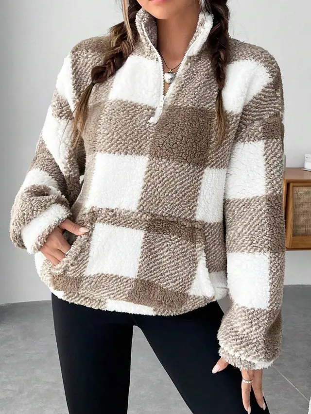 Women's Short Plaid Half open Collar Plush Sweater Brown - Shop at LoveMi