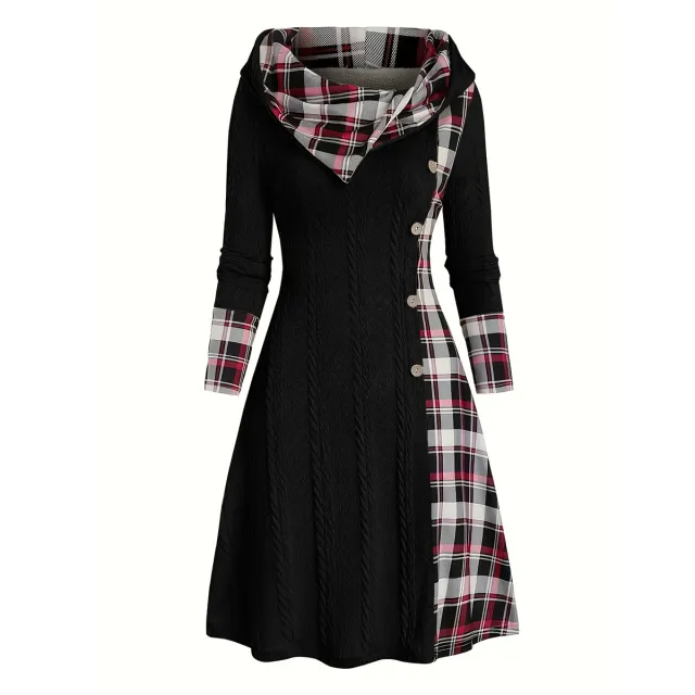 Women's Hooded Sunken Stripe Sweater Long Sleeve Leisure Pullover Dress Black - Shop at LoveMi