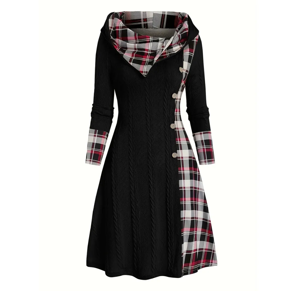 Women's Hooded Sunken Stripe Sweater Long Sleeve Leisure Pullover Dress - Black