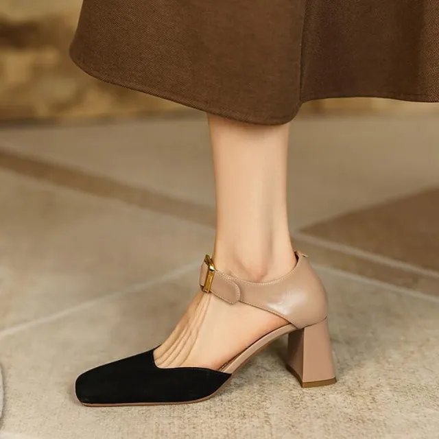 Chunky Heel Gold Buckle Closed Toe Sandals Internet Celebrity Square Apricot - Shop at LoveMi