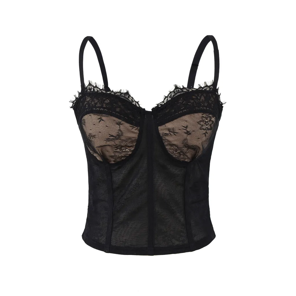 Women's Full Lace Cup Spaghetti Strap Bra - Black