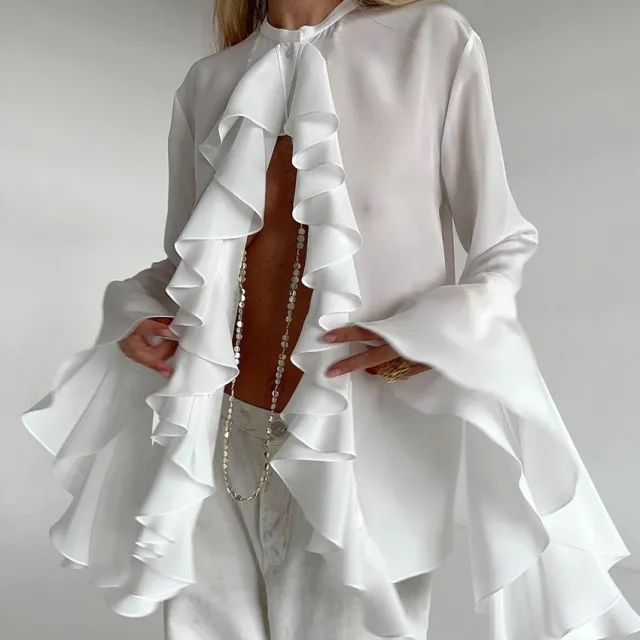Design Ruffled Long Sleeve Shirt White - Shop at LoveMi