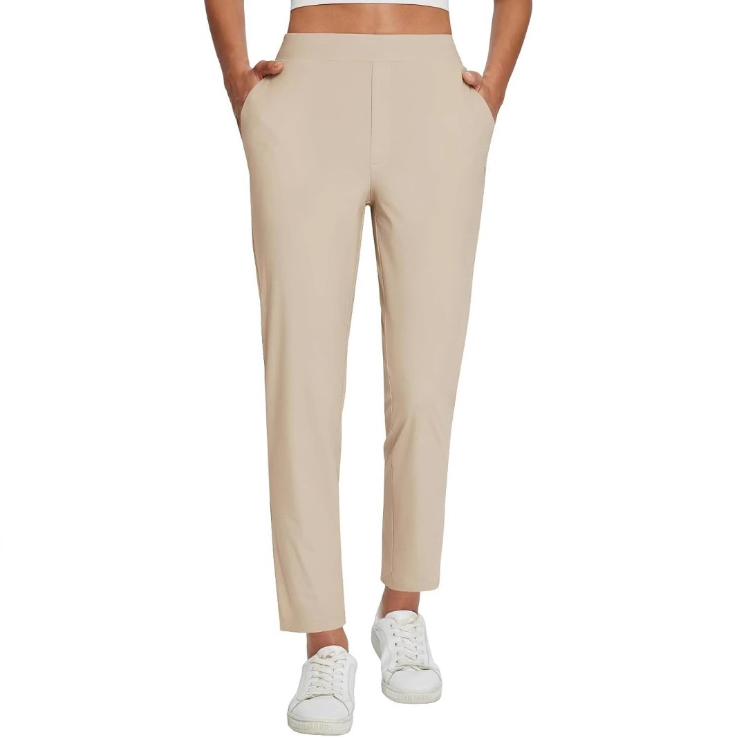 Womens High-Waist Casual Pants With Elastic Waistband Zippered Pockets