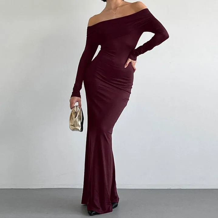 Off-the-shoulder Long-sleeve Sheath Dress - Red