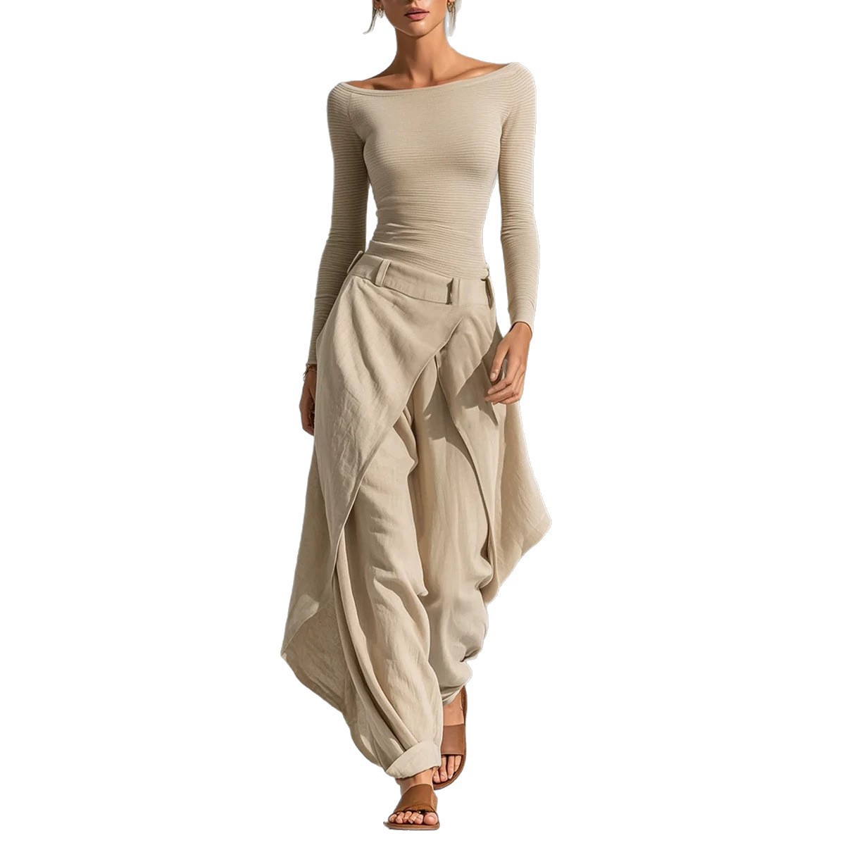 Elegant Casual Two-piece Set Featuring An Irregularly Draped Wide-leg Pants Style
