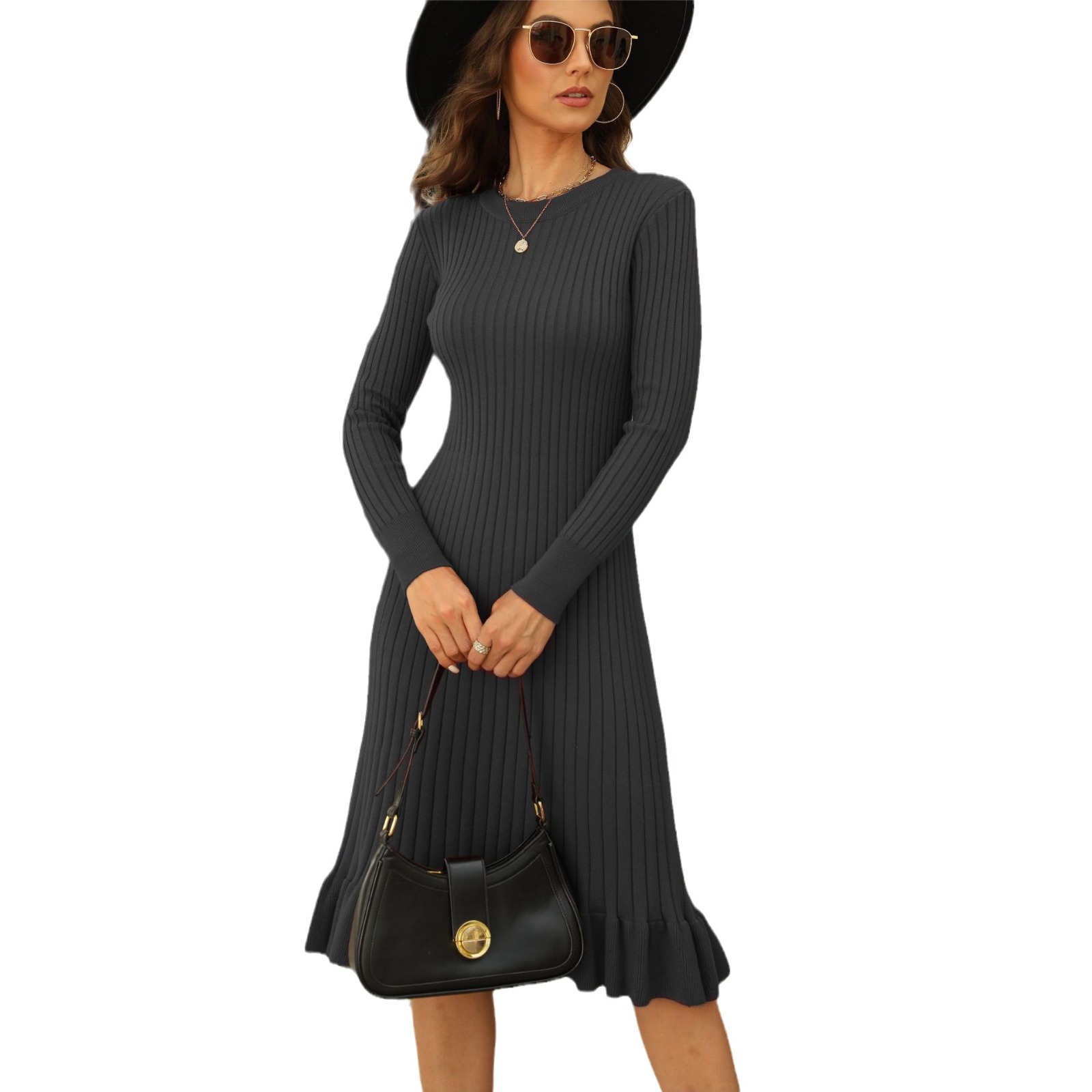 Knitted Inner Match Slim-fit Temperament Mid-length Overknee Sweater Lotus Leaf Dress