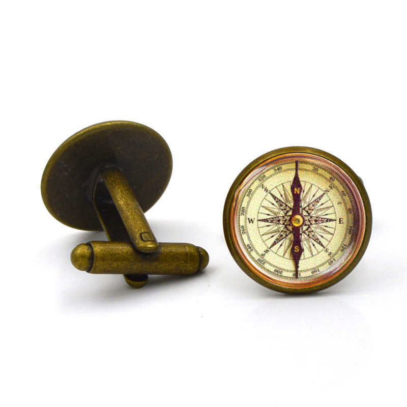 Vintage Compass Time Stone Men's Suit Cufflinks (Silver)