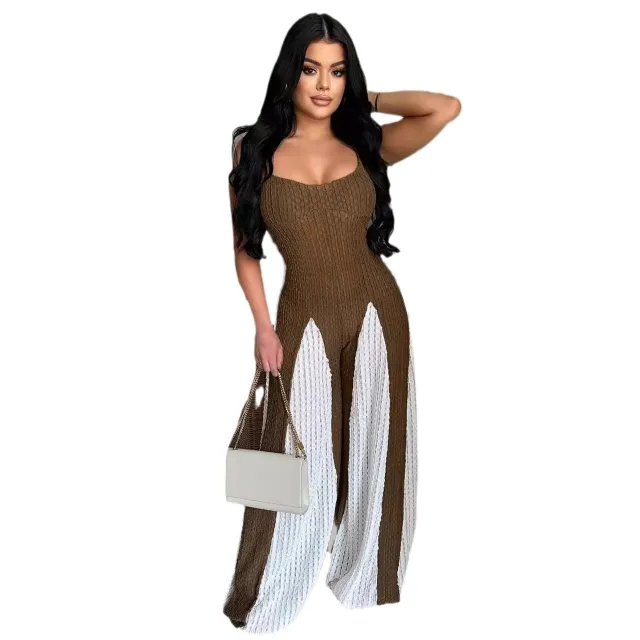 Sexy Cutout Wide Leg Knitted Sling Stitching Contrast Color Jumpsuit Brown - Shop at LoveMi