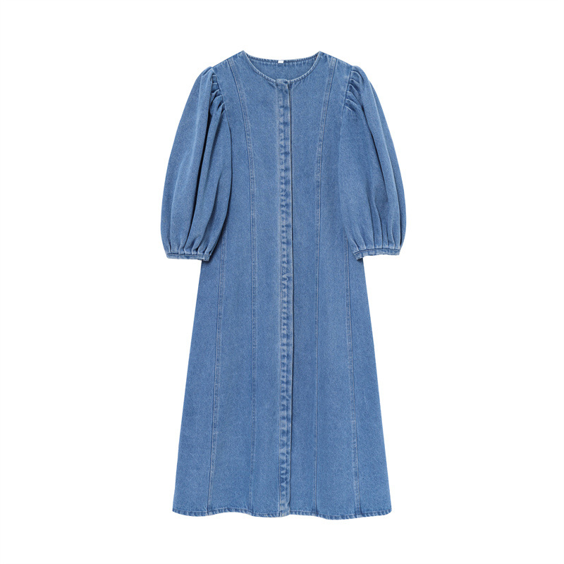 European And American Style Female Temperament Fashion Round Neck Short Sleeves Denim Midi Skirt Dress Blue - Shop at LoveMi