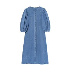 European And American Style Female Temperament Fashion Round Neck Short Sleeves Denim Midi Skirt Dress - Blue - View 1