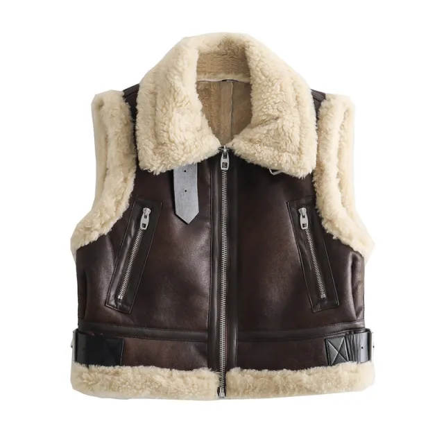 Women's Slim fit Fleece lined Lapel Double sided Short Vest Jacket Picture Color Xs - Shop at LoveMi