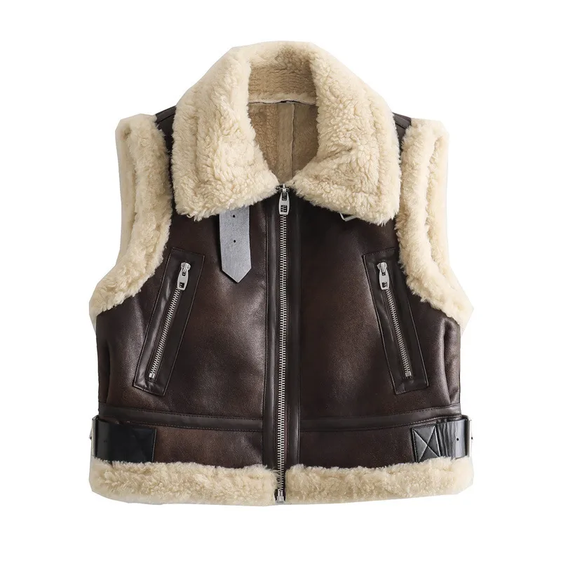 Women's Slim-fit Fleece-lined Lapel Double-sided Short Vest Jacket - Picture Color-Xs
