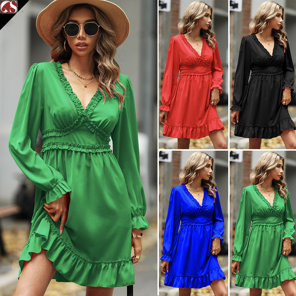 V-neck High-waisted Womens Outfit Elegant Long-sleeve A-line Dress