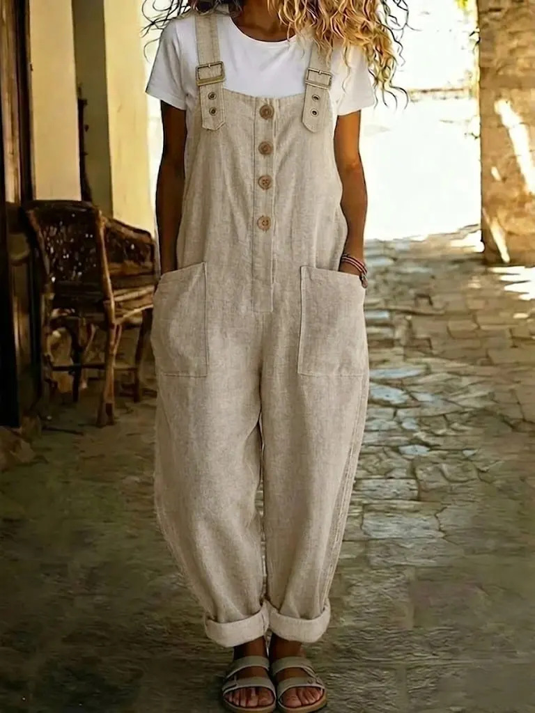 Women's vintage overalls in army green – high-waist straight-leg sleeveless suspender