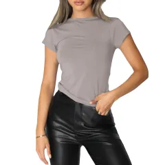Women's Fashion Casual Solid Colour Slim Pullover T-shirt - Short Sleeve Light Grey - View 1
