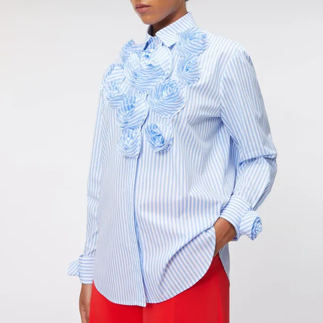Women's Stitching Flower Decoration Polo Collar Top Blue - Shop at LoveMi