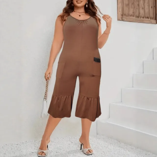 New Jumpsuit Solid Color Sleeveless Casual Pocket Brown - Shop at LoveMi