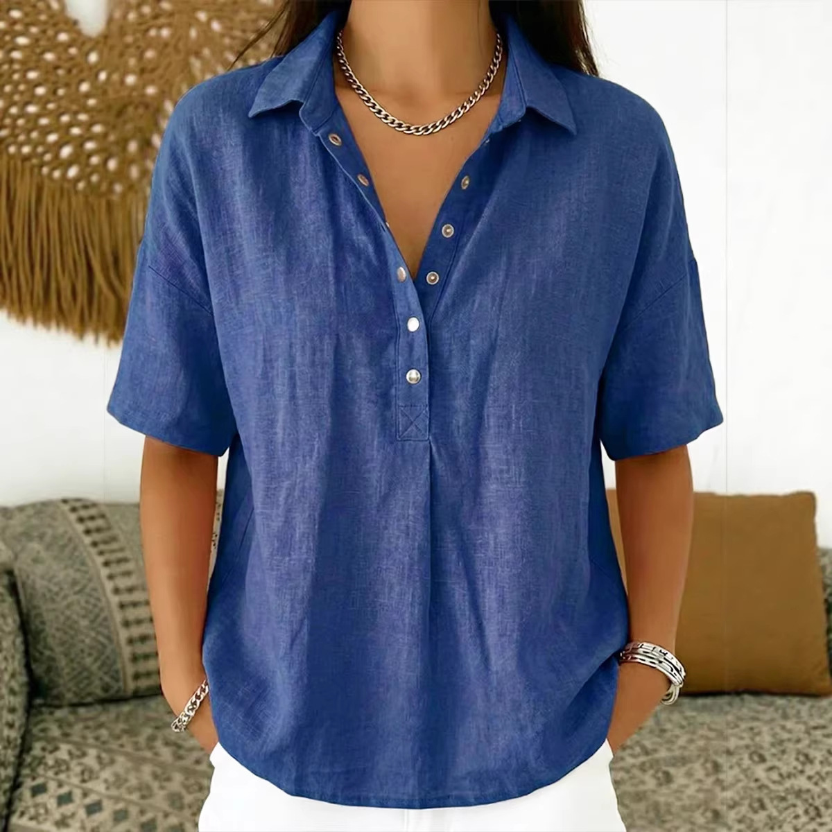 Single-breasted Lapel Shirt E-commerce Bestseller Womens Solid-color Casual Wear