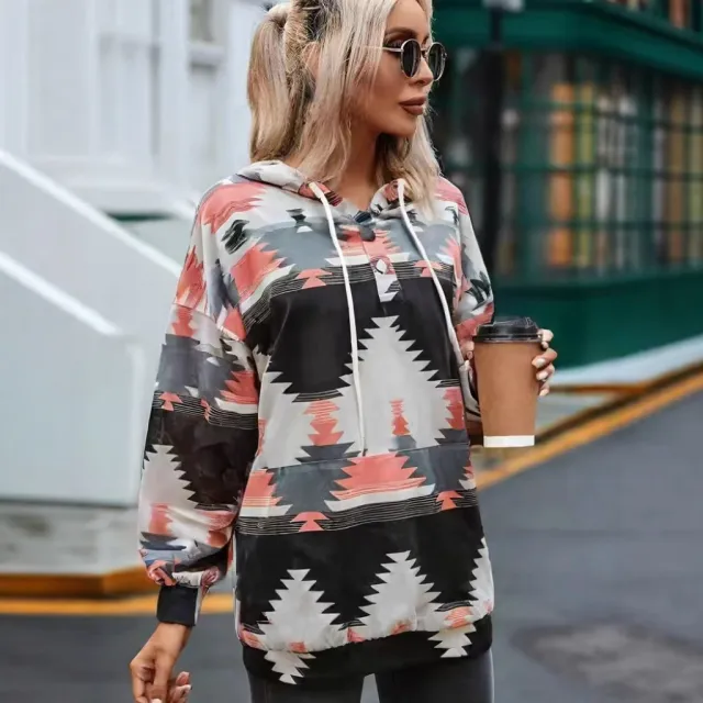 Geometric Pattern Long Sleeve Loose Hooded Button Pocket Sweatshirt Pink - Shop at LoveMi
