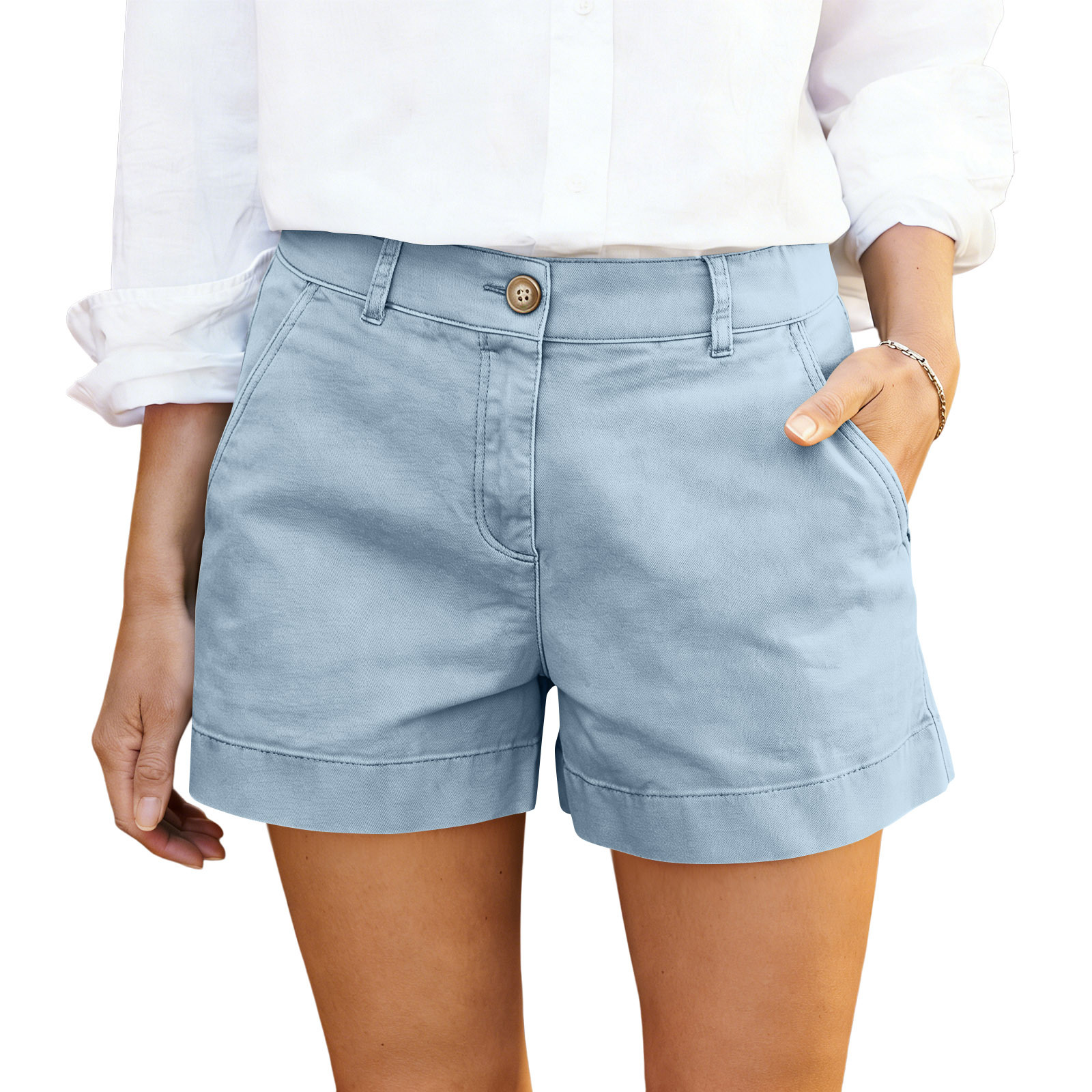Women's High-Waisted Twill Shorts in Army Green – casual solid color Bermuda commuter