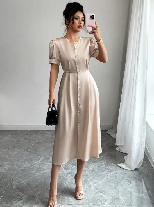 High waisted Cardigan button Midi Dress Skin Color S - Shop at LoveMi