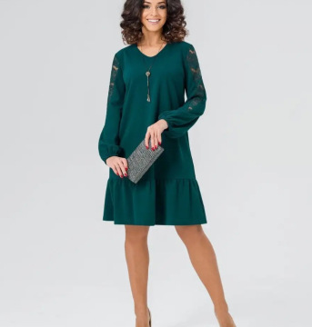 Round Neck Long Sleeve Hollow Lace Sleeve Slim Fit Patchwork Dress