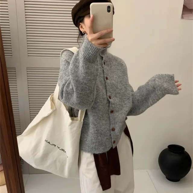 Stand Collar Wooden Buckle Sweater Women's Soft Glutinous Lapel Light Gray - Shop at LoveMi