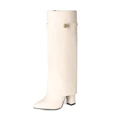 Womens Pointed-toe High-shaft Straight-leg Mid-calf Boots With Metal Buckles - Apricot - View 1