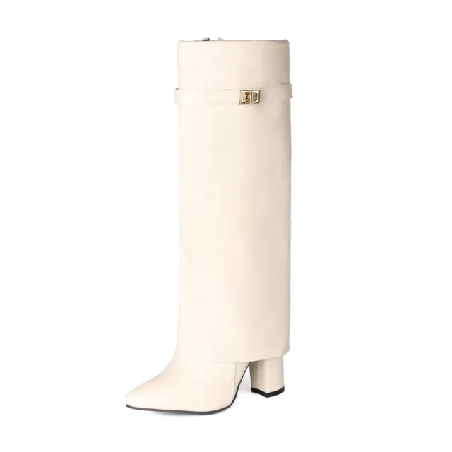 Womens Pointed toe High shaft Straight leg Mid calf Boots With Metal Buckles Apricot - Shop at LoveMi