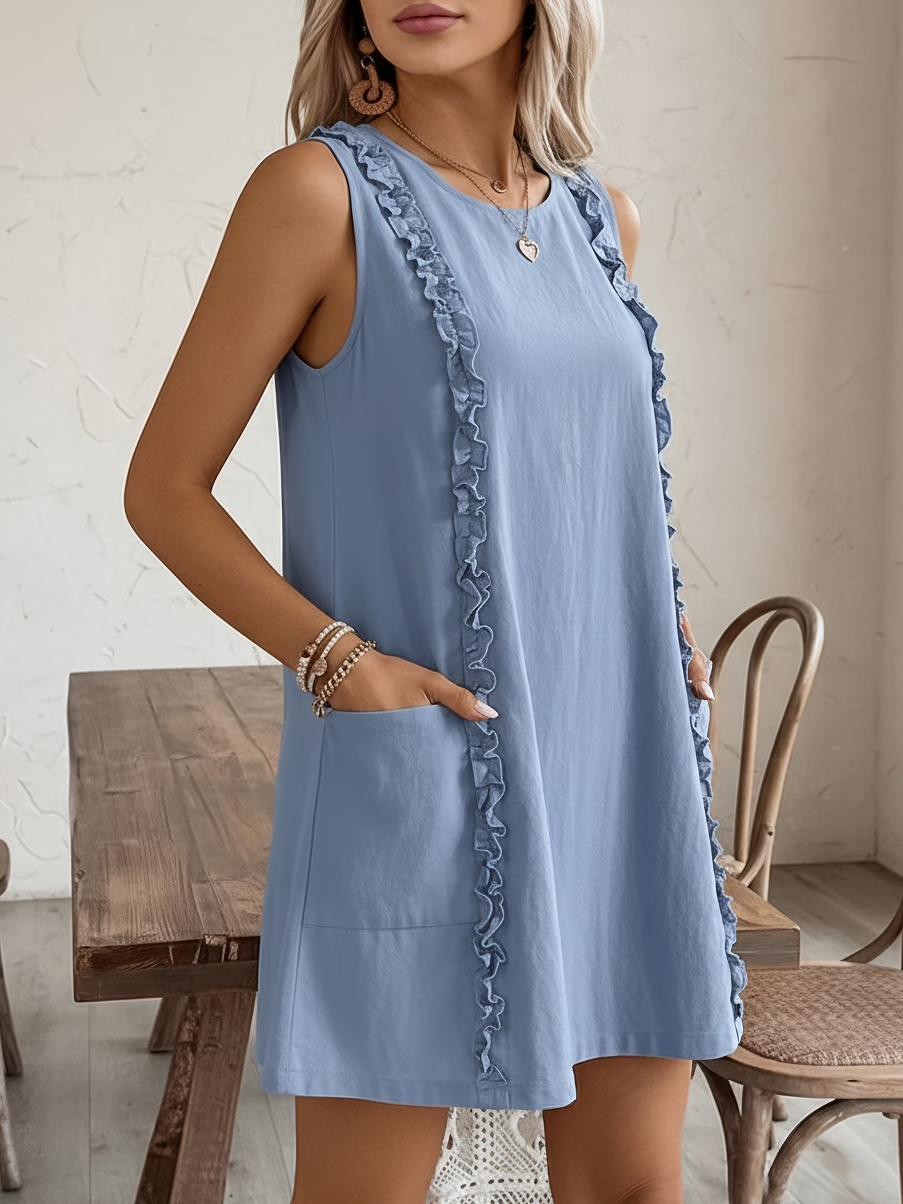 Women's yellow ruffle-trimmed dress – full length view